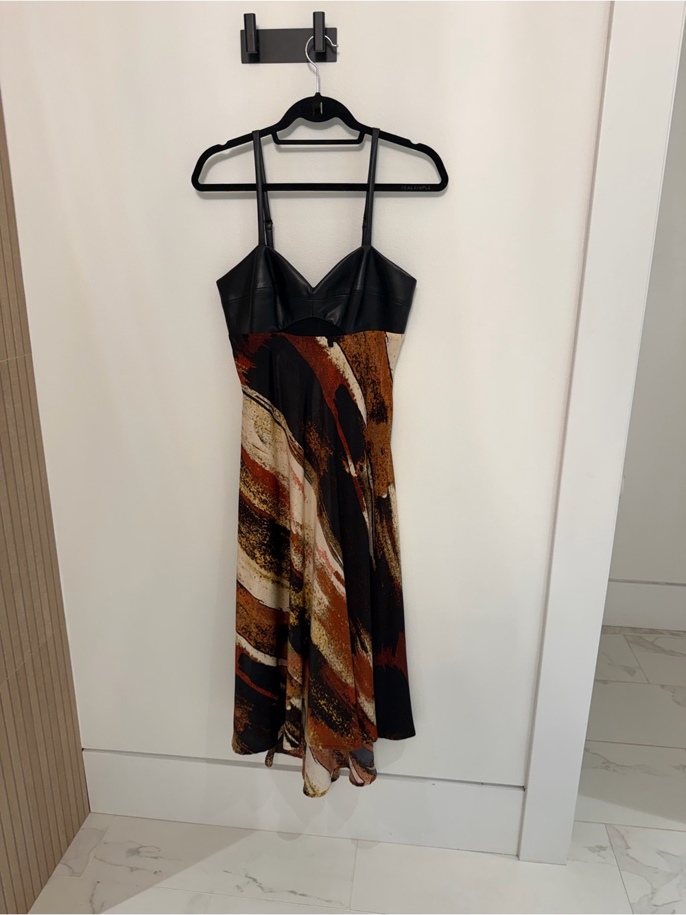 DKNY Black Faux-Leather Bodice Midi Dress with Brown & Cream Swirl Skirt
